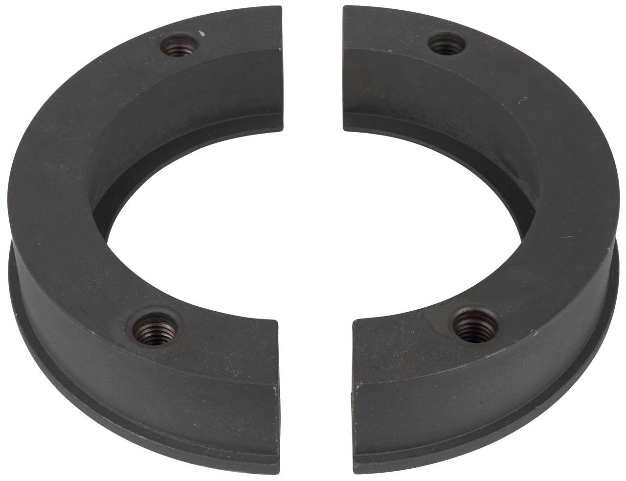 Two semi-circular metal rings with screw holes that could form a complete circle when joined together.