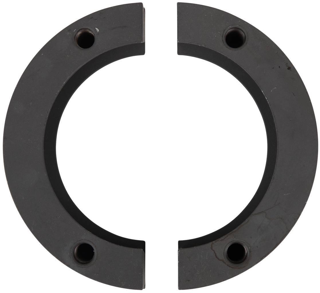 Two-part metal ring with two holes each, designed to securely fasten or lock a cylindrical component.