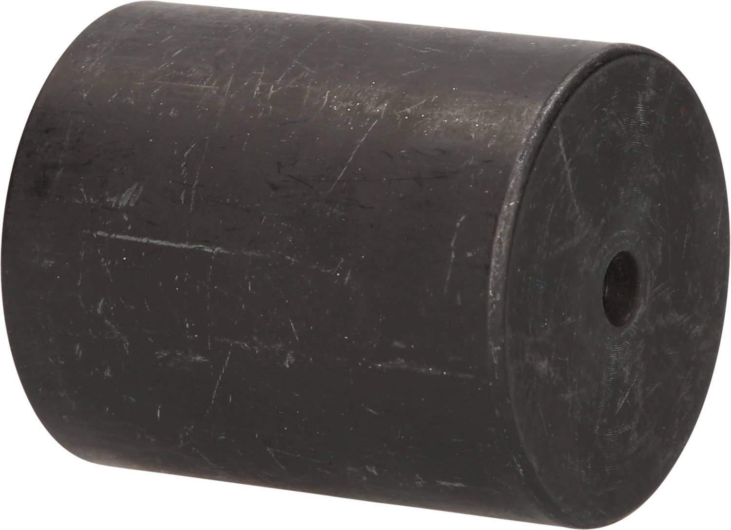 Cylindrical, black metal piece with a small indentation on one side, likely a component of a machine.