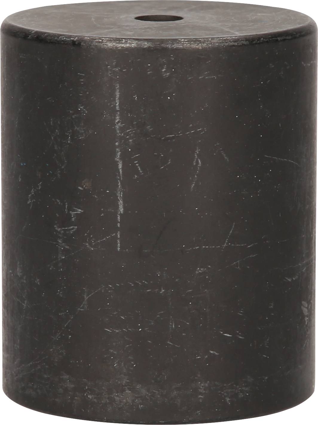 Black cylindrical rubber buffer with flattened edges and a central hole at the top.