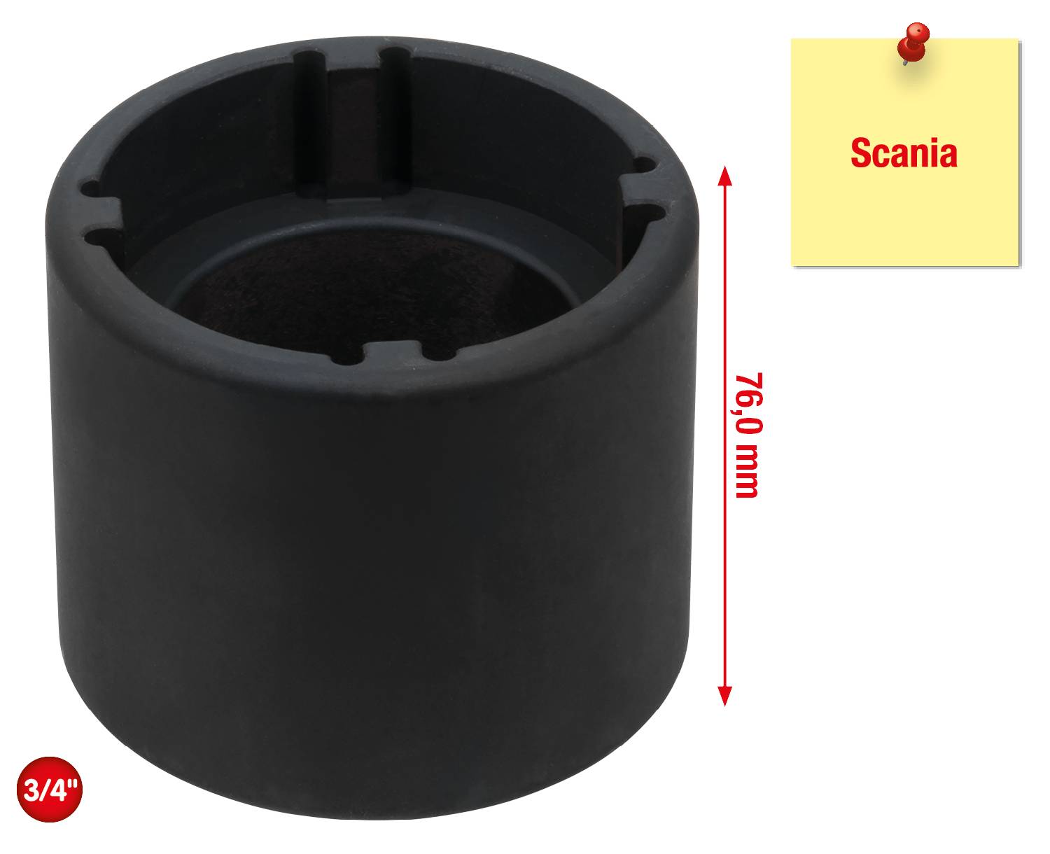 Round, black adapter with an external diameter of 76.0 mm, compatible with Scania parts. Marking: '3/4"'.