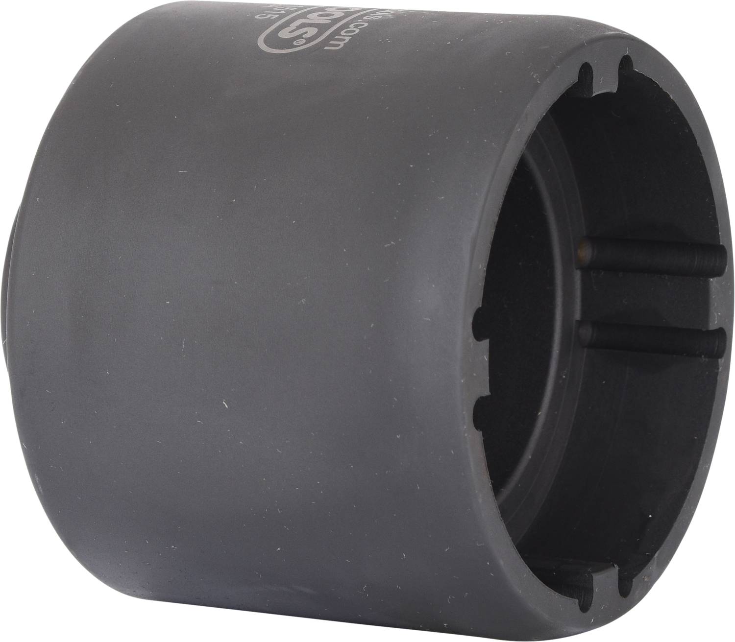 Grey, cylindrical socket nut with side recesses and knurled edge. It is used for special screw fastenings.