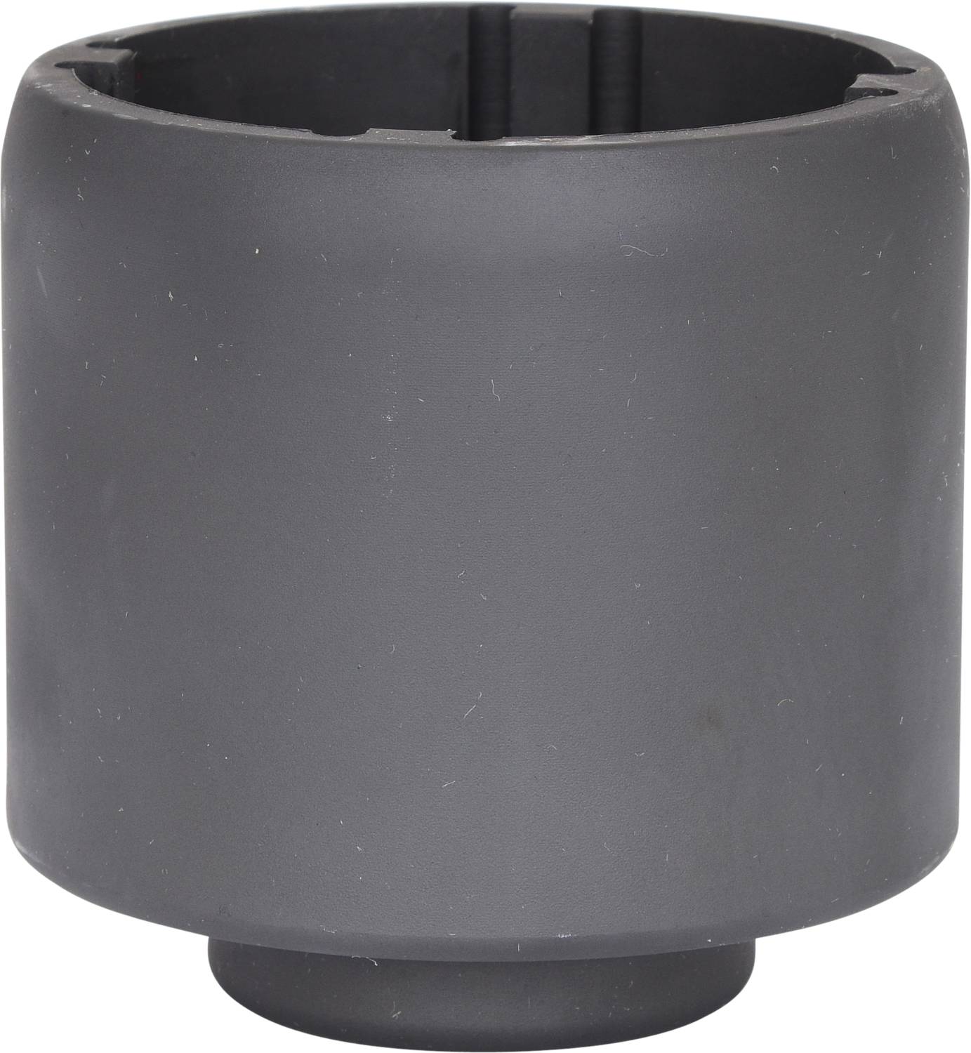 Grey, cylindrical, empty plastic container.