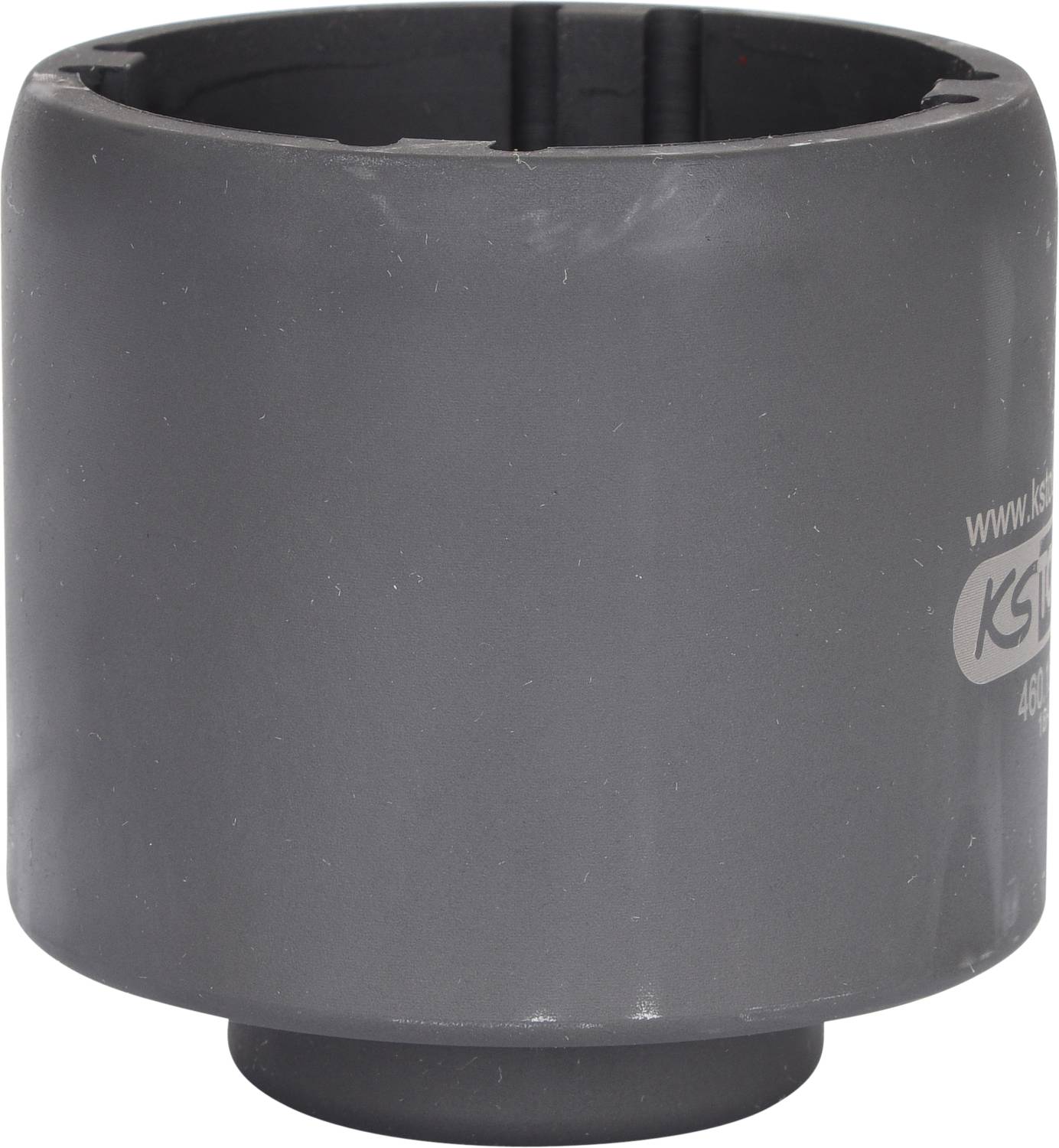 Grey plastic cylinder with a smooth surface, possibly a component of a tool or device.