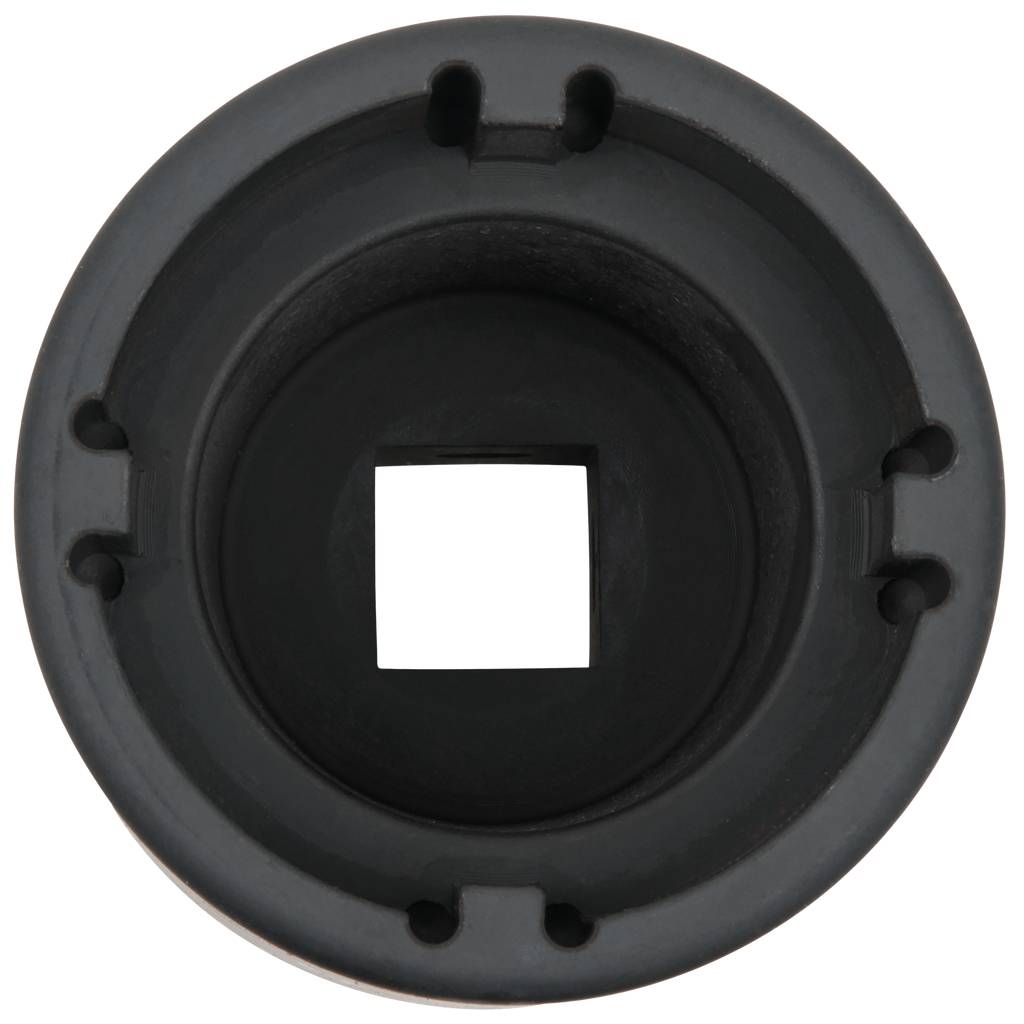 A black, round object with a square opening in the middle, possibly an adapter or connector.