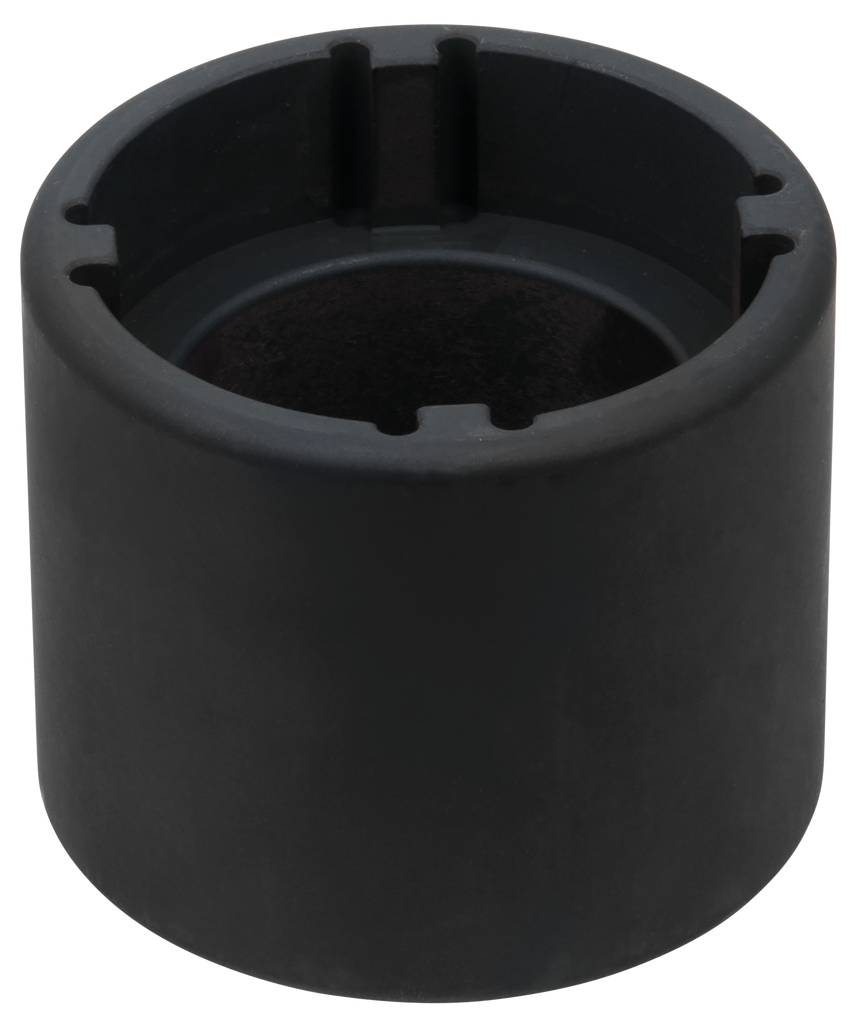 A round, black metal cylinder with open ends and four slots on the top surface. Suitable for technical applications.