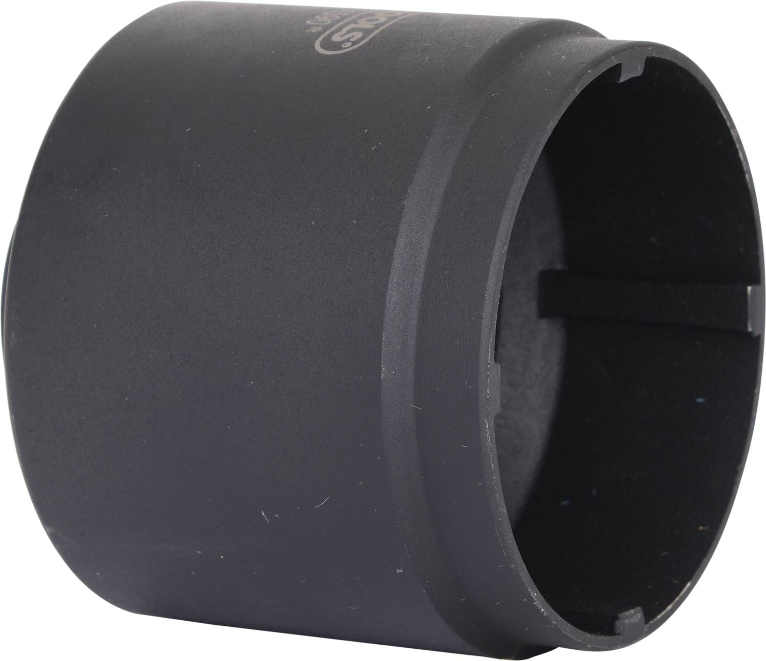 Black vehicle oil filter wrench, cylindrically shaped, made of metal, for removing oil filters during vehicle maintenance.