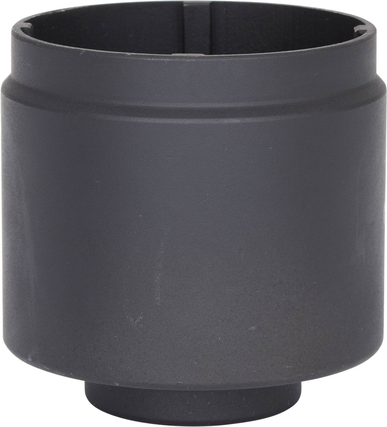 A black, cylindrical adapter or part, possibly serving as a connecting element for technical or mechanical applications.