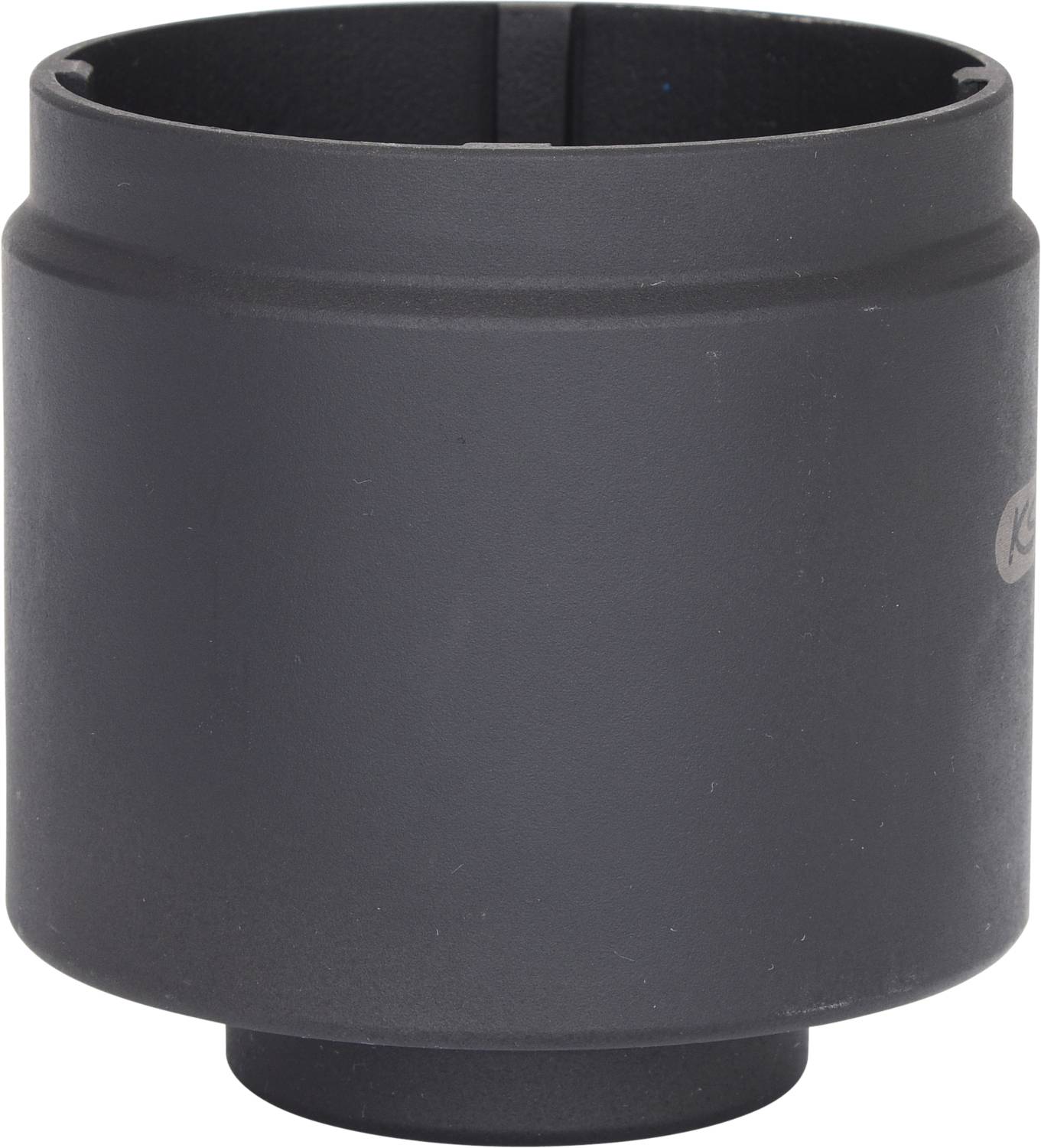 A black, cylindrical attachment or adapter that may be used for technical or optical devices.