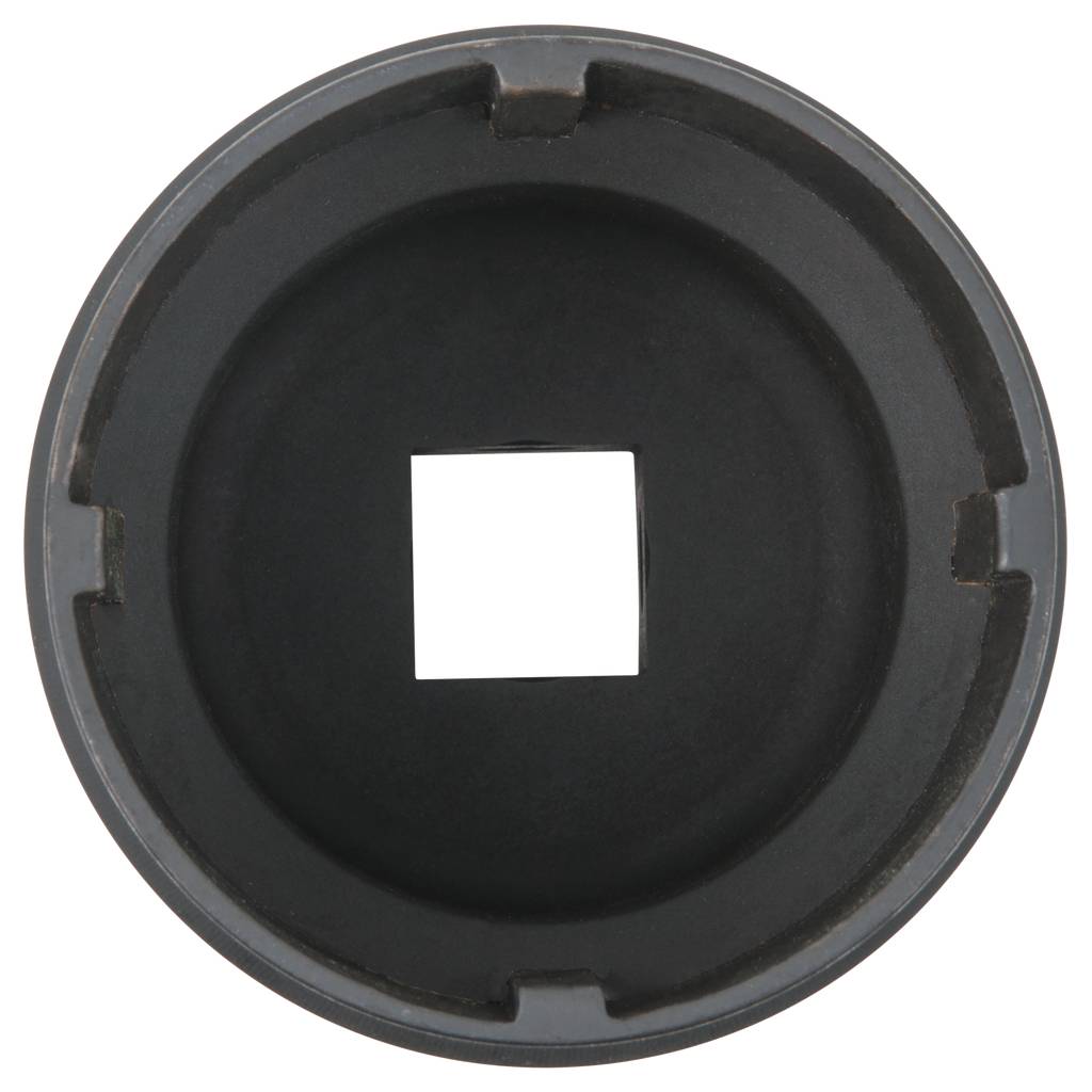 A round, black lens cap with a square cut-out in the centre, viewed from above.