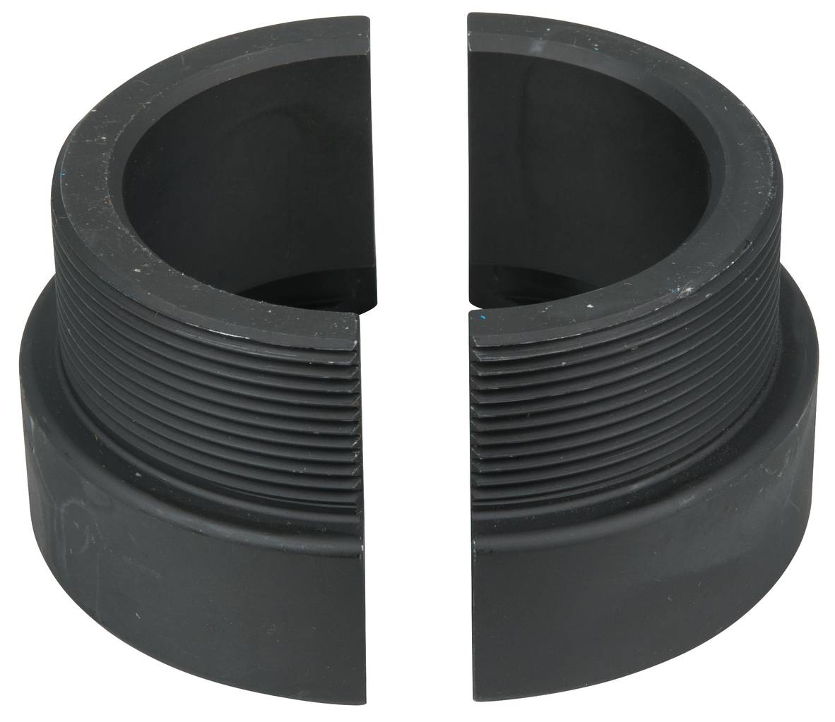 Two black, semi-circular plastic pieces with threads that could together form a complete cylinder.