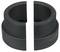 Two black, semi-circular plastic pieces with threads that could together form a complete cylinder.