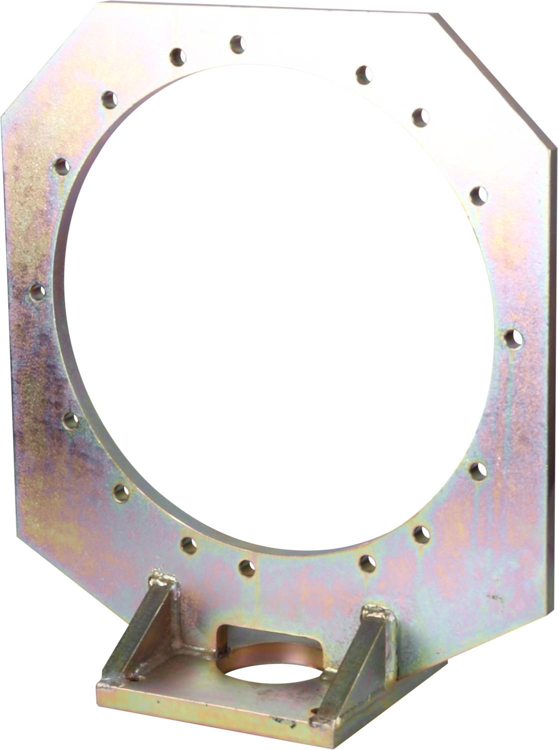 Metallic, octagonal frame with a large, central hole and several smaller holes around the perimeter.