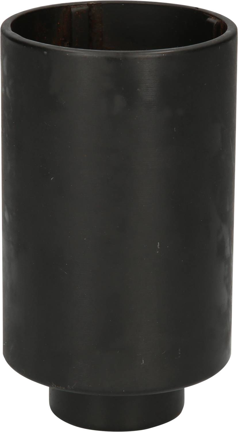 Black, cylindrical metal container with an open end, potentially a component of a larger technical device or machine.