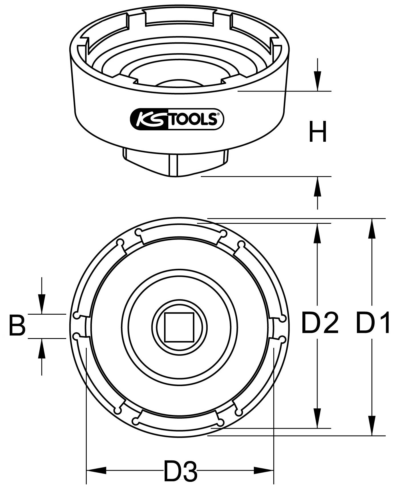 Illustration of a socket wrench tool. Shows top view and side view with dimensions: D1, D2, D3, H, B.