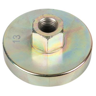 A round metal plate with a central, recessed hexagonal bolt. The number '13' is engraved on the plate.