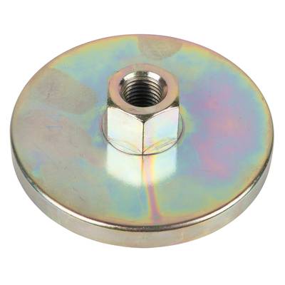 Metal disc with a hexagonal nut in the centre, with an iridescent surface. This potentially serves as a closure or fastening element.