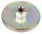 Metal disc with a hexagonal nut in the centre, with an iridescent surface. This potentially serves as a closure or fastening element.