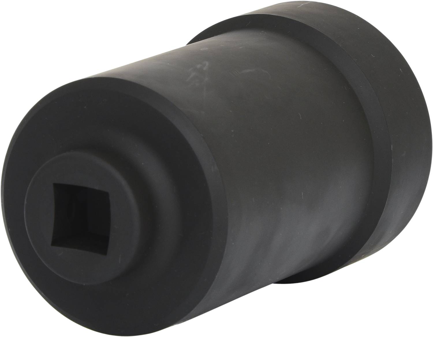 Black cylindrical metal adapter with a square opening at one end, for use with tools.