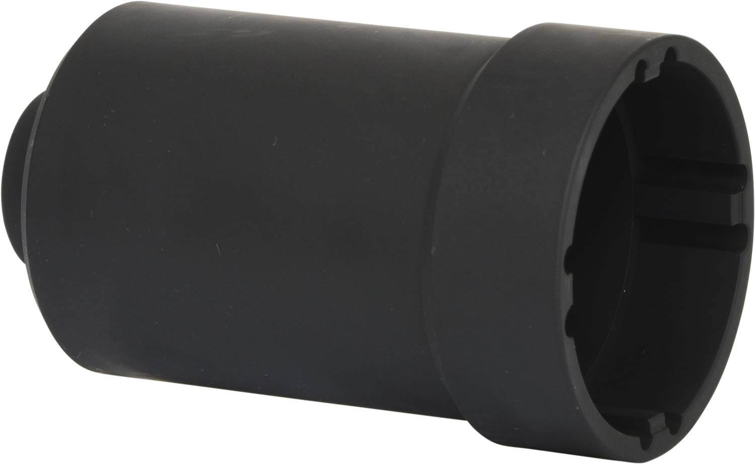 A black, cylindrical tool attachment with a grooved edge. Used for loosening and tightening specific nuts or bolts.