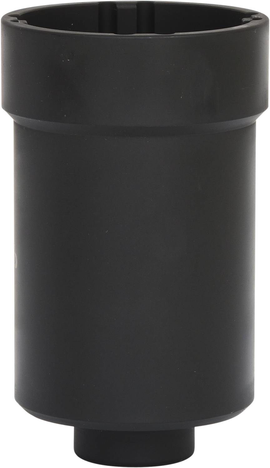 A black cylindrical piece of tubing, likely made of plastic. The tube has a wide rim at the upper end and is hollow.