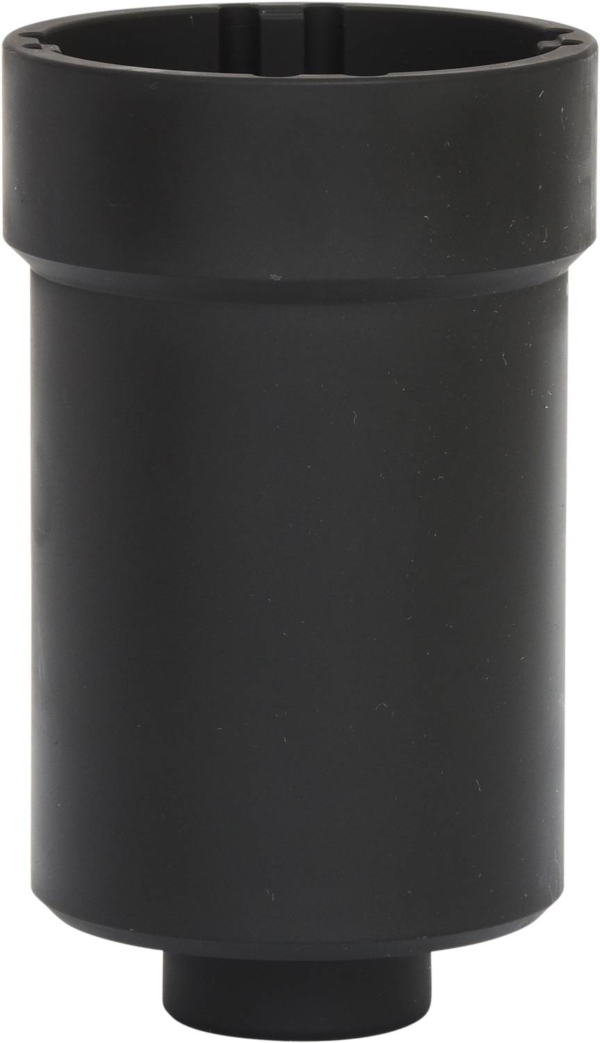 A black, cylindrical rubber buffer, used as a shock absorption element in mechanical or industrial applications.