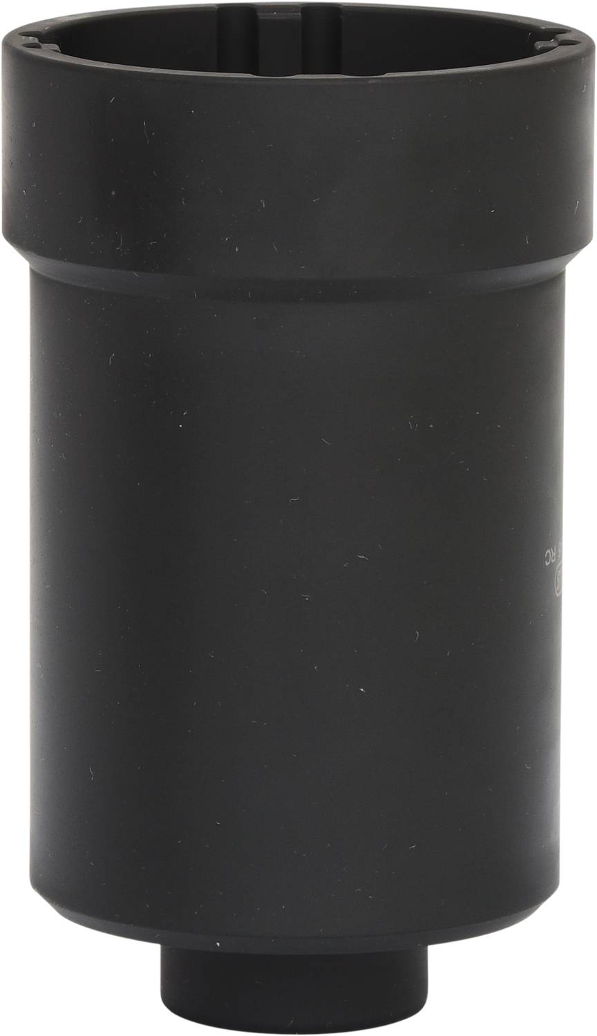 A black cylindrical plastic component, vertically oriented.
