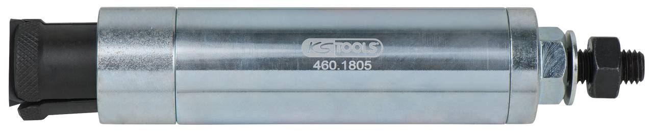 Metal cylinder in cylindrical form with black and silver coating, angled mouthpiece and inscription 'KS Tools 460.1805'.