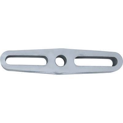 Metallic, rectangular plate with two elongated apertures and a central, round hole; used in mechanical engineering applications.