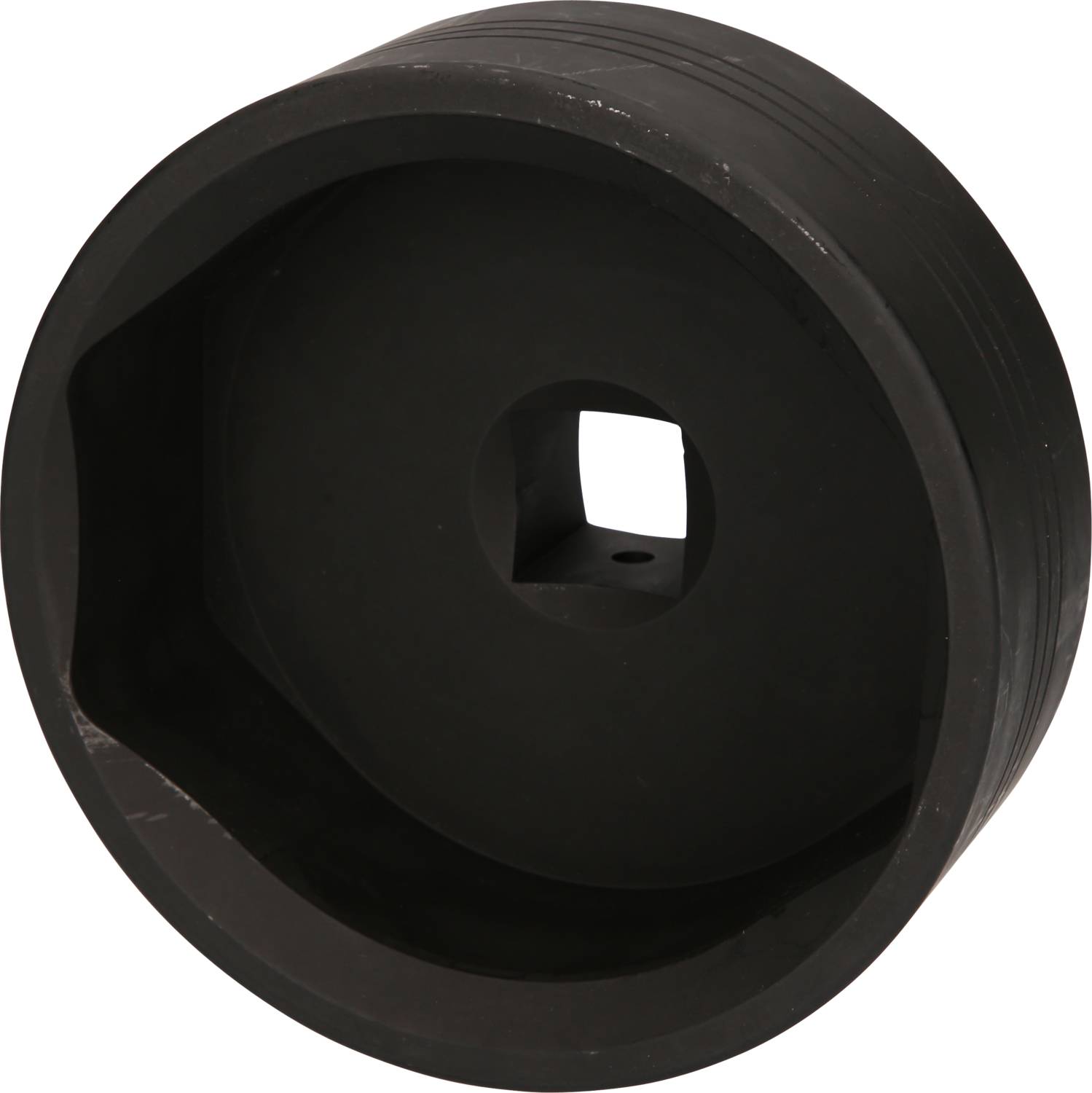Black round plastic wheel with a square opening in the centre, likely a component or accessory for a technical device.