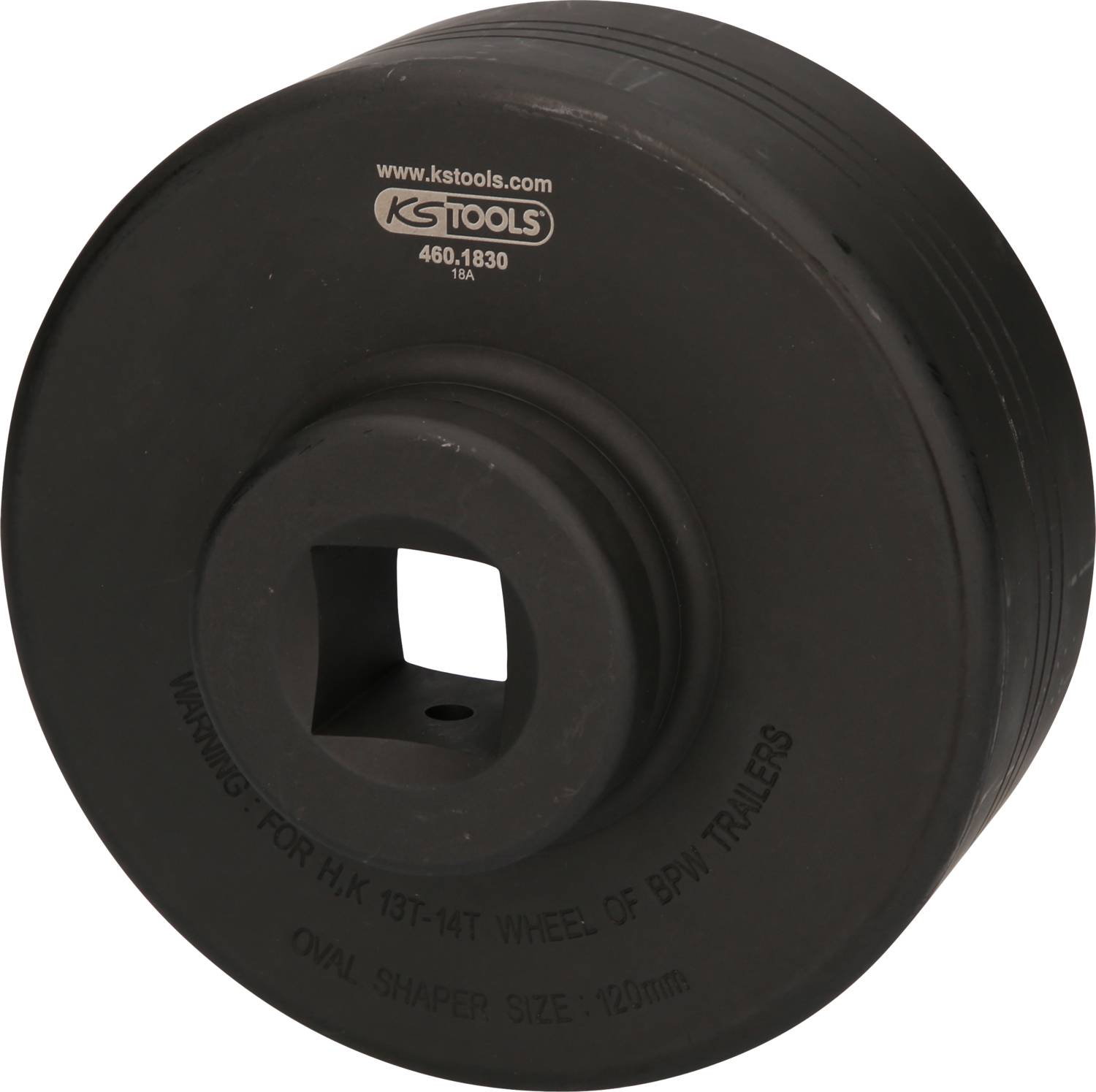 Rounded black adapter ring with central square opening, marked for 'KS Tools', suitable for MK tractor wheels.