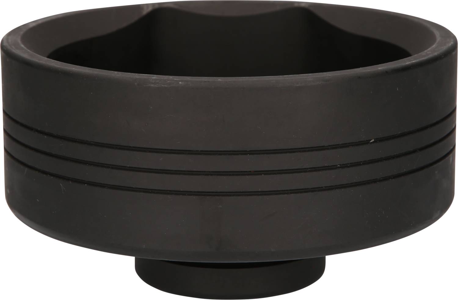 A black, round container with three engraved lines around the edge. Suitable for holding liquids or objects.