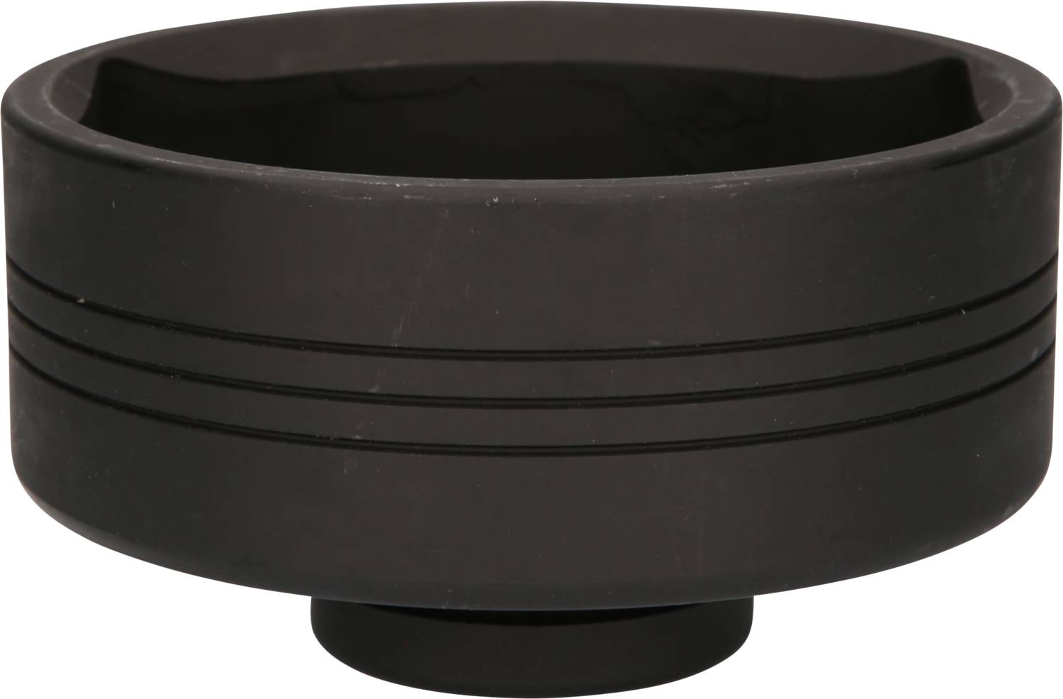 A black, round bowl with a smooth surface and three horizontal grooves in the middle.