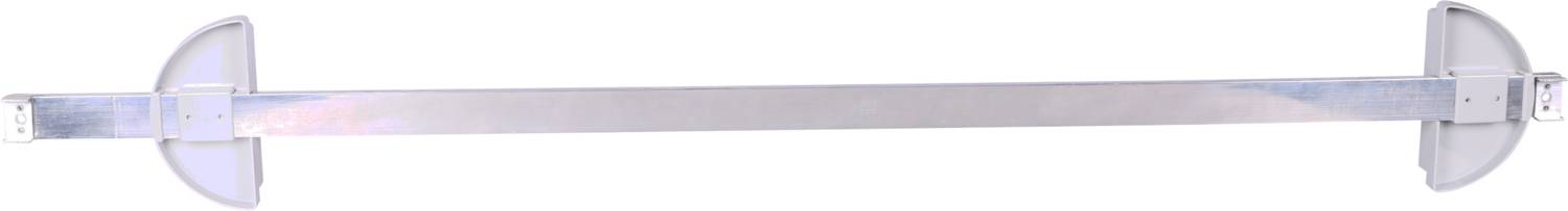 A silver door bar, horizontally positioned, provides door security by being stretched between door frames.