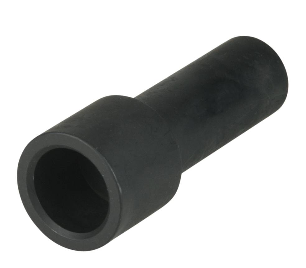 Black cylindrical plastic sleeve, hollow, with a wide central section. Commonly used as an adapter or connector.