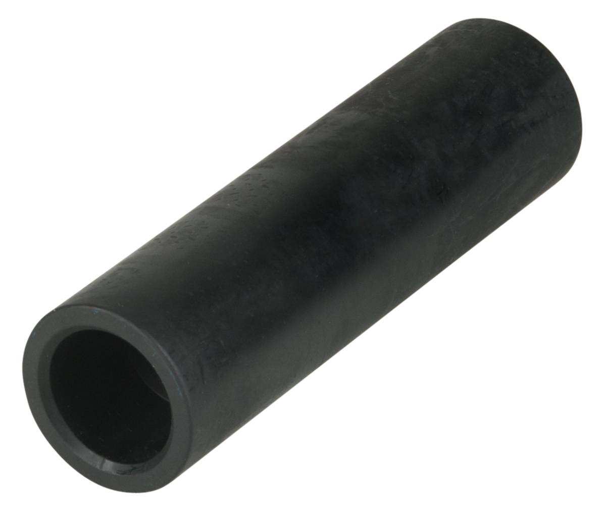 A black, cylindrical rubber tube, hollow and smooth, lies on a light surface.