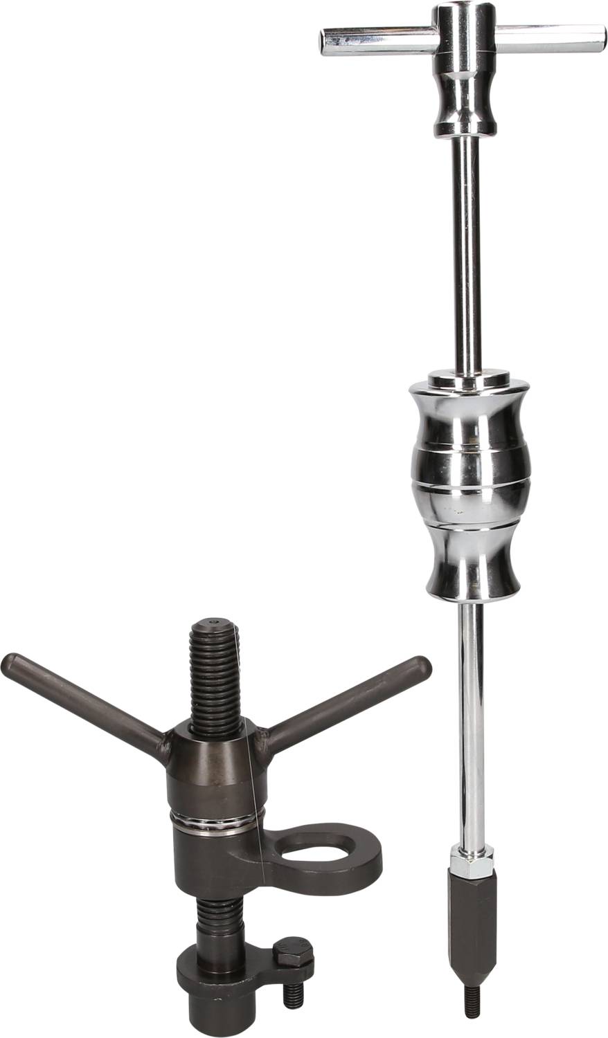 A silver and black puller tool set, consisting of a sliding hammer and a two-arm puller, on a white background.