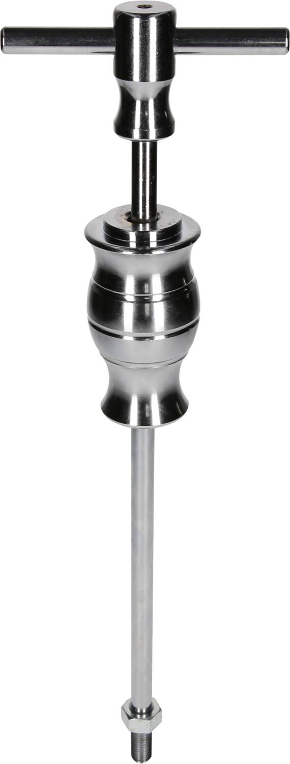 Silver sliding hammer with T-handle, consisting of a long rod and a cylindrical weight unit in the centre.