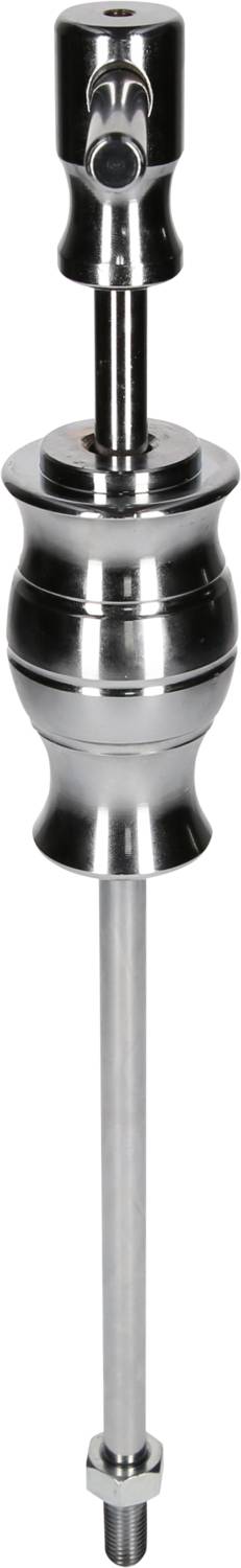 A chrome-plated toilet flush with a lever and vertical pipework.