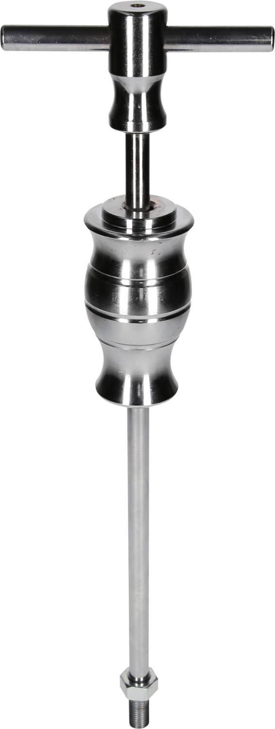 A silver metal tool with a T-handle and narrow cylindrical shaft, presumably a slide hammer, lies on a vertical background.