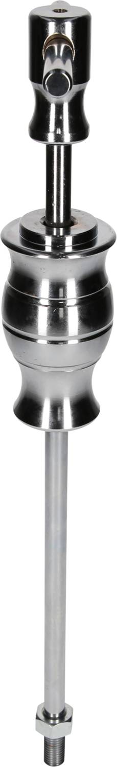A metallic valve cap with a long, narrow rod and a broader middle section.