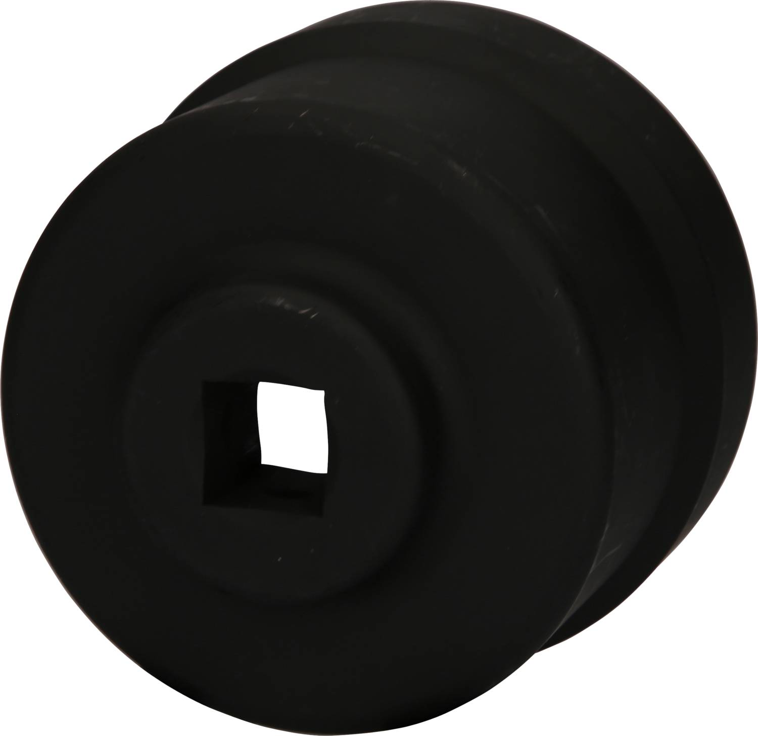 Black, cylindrical object with a square opening in the centre, possibly a sealing ring or rubber component.