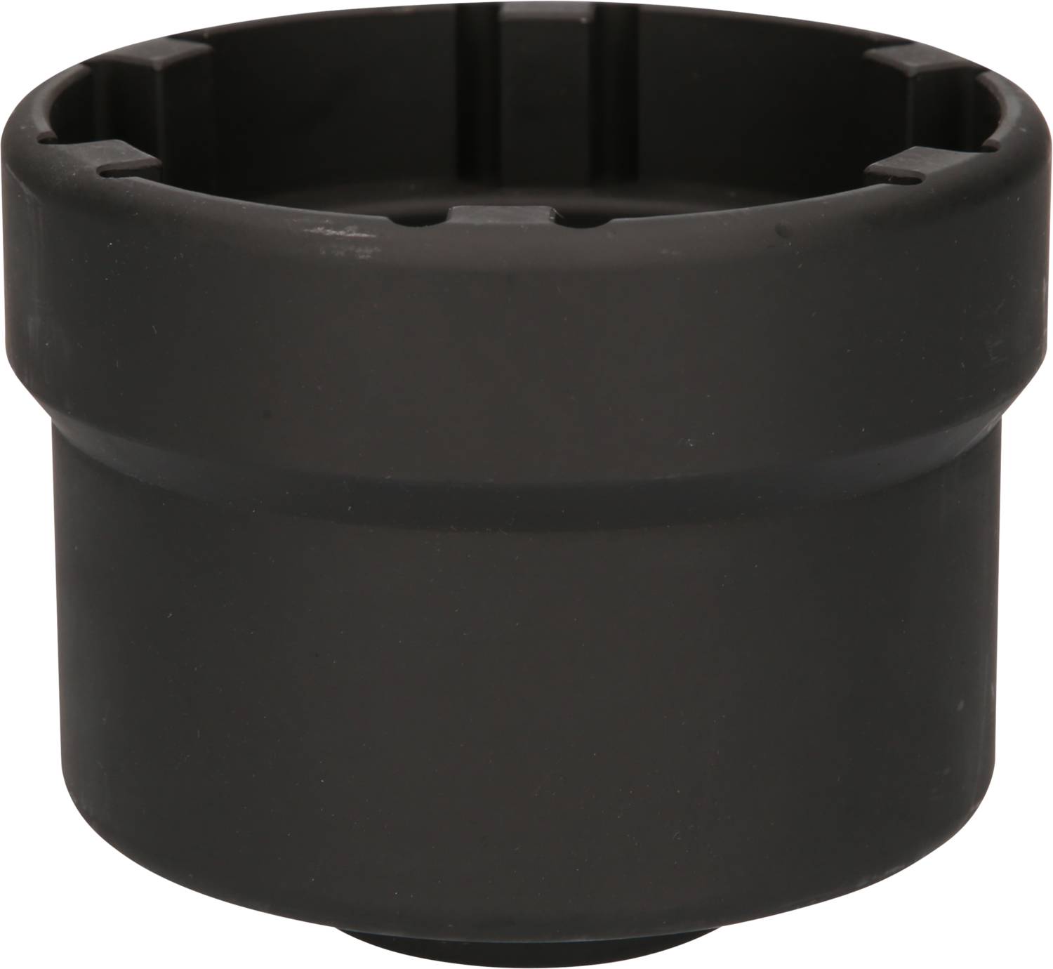 A black, cylindrical plastic cup with a bevelled top edge and grooves on the outside surface.