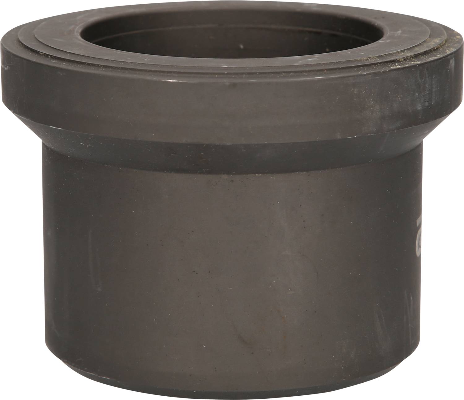 Black, cylindrical metal sleeve, possibly a machine part or component, on a white background.