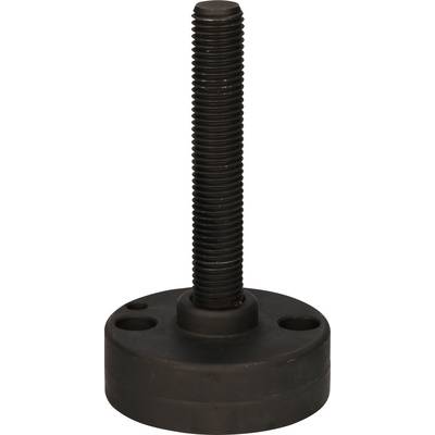 A black, round machine foot screw with thread and two mounting holes.