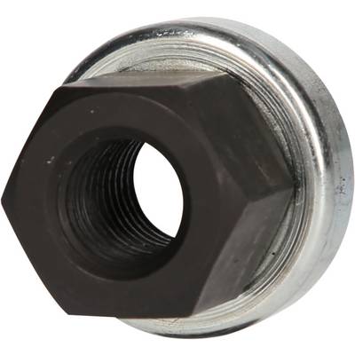 A hexagonal, black metal flange nut on a silver background, likely for mechanical applications or construction.
