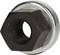 A hexagonal, black metal flange nut on a silver background, likely for mechanical applications or construction.