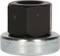A metal component consisting of a black hexagonal nut on a silver round base, possibly a cap.