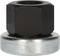Black hexagonal nut on a silver washer, against a white background.