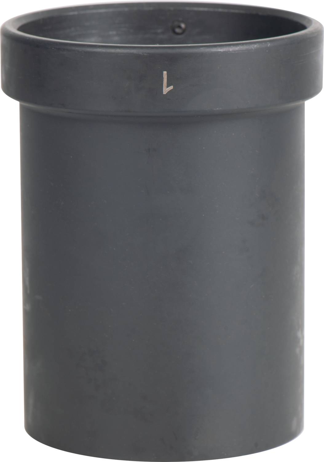 A black cylindrical plastic container with a lip around the upper edge.